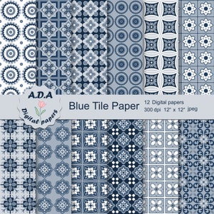 Blue digital paper, blue tiles pattern, blue scrapbook paper, blue background, printable paper, instant download, commercial use