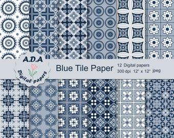 Blue digital paper, blue tiles pattern, blue scrapbook paper, blue background, printable paper, instant download, commercial use
