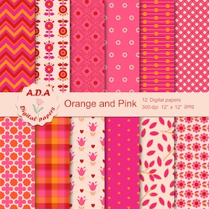 Orange and pink digital paper pack, Orange and pink scrapbooking paper, Pink and orange background ,Floral background, Commercial use