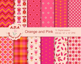 Orange and pink digital paper pack, Orange and pink scrapbooking paper, Pink and orange background ,Floral background, Commercial use