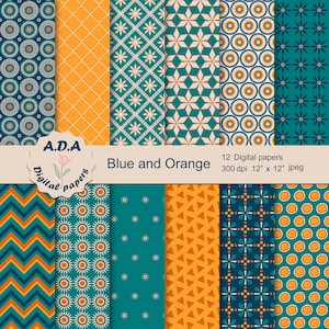 Blue and Orang digital paper pack, Blue scrapbooking paper, Blue and Orange background, Floral background, Commercial use