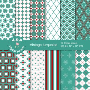 Vintage turquoise printable digital paper pack, turquoise, red and white background, scrapbook papers, printable pattern, commercial use