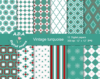 Vintage turquoise printable digital paper pack, turquoise, red and white background, scrapbook papers, printable pattern, commercial use