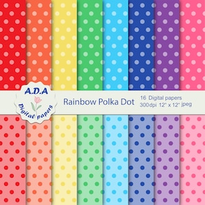 Rainbow colors polka dot digital paper pack, polka dot scrapbooking papers, polka dot craft paper, printable pattern, commercial use