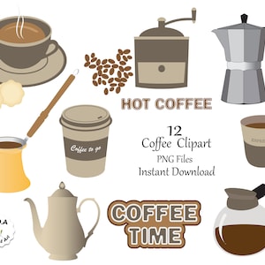 Coffee clipart, Coffee clip art, Clipart set of coffee, Cup of coffee graphic design, Digital clipart, Commercial use