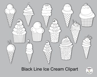 Black line Ice Cream clip art, Ice Cream line art clipart, Ice Cream clip art, Ice Cream stamp, Summer clipart, Commercial use