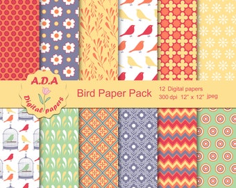 Bird paper pack, Bird scrapbooking paper, Floral pattern, Floral scrapbook paper, Commercial use