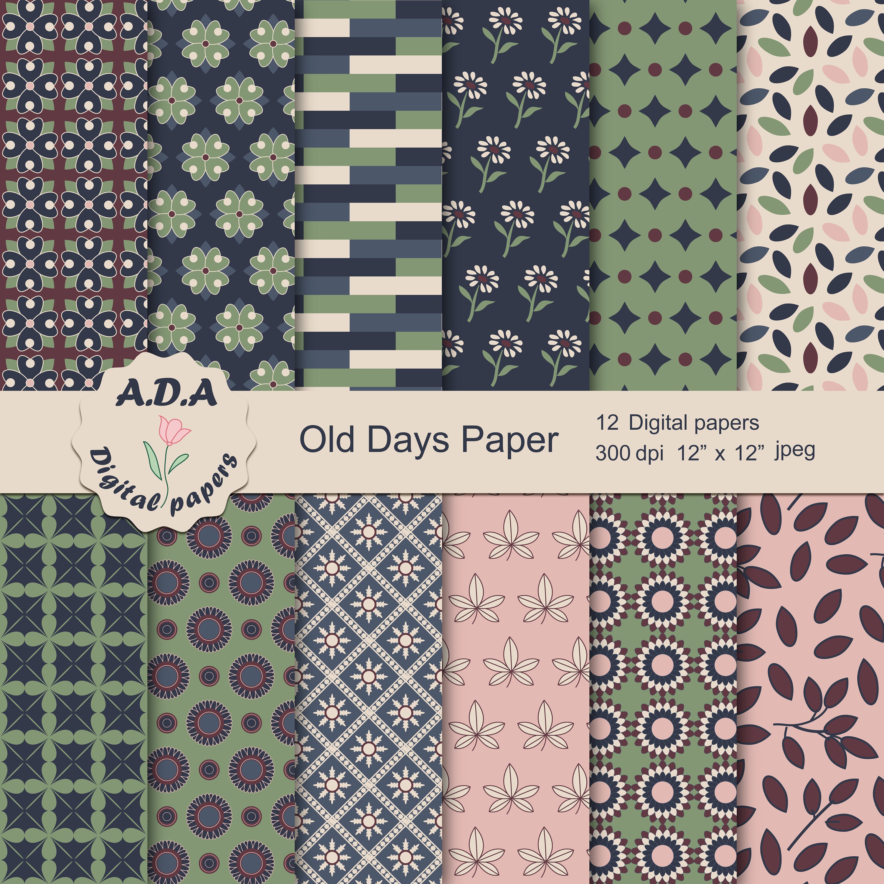 Blue, green and pink digital paper, retro scrapbooking paper, blue and green background, printable pattern, instant download, commercial use