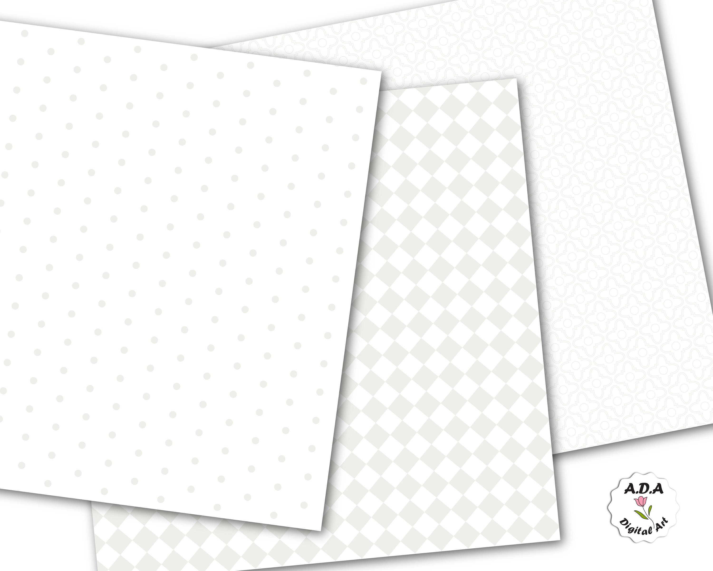 White Digital Paper, White Floral Pattern, White Geometric Pattern, White Scrapbook Paper, White
