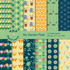 Garden paper pack, Garden tools scrapbook paper, Floral pattern paper, Flower scrapbook paper, Commercial use
