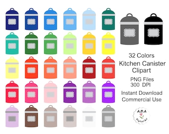 Kitchen canister clipart, 32 colors kitchen container clip art, bright colored canister clipart, instant download, commercial use