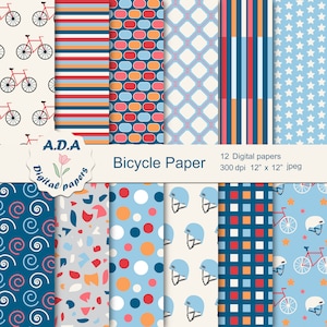 Bicycle paper pack, Bicycle and helmet scrapbook paper, Geometric background, Kid&#39;s scrapbook paper, Commercial use