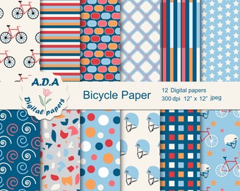 Bicycle paper pack, Bicycle and helmet scrapbook paper, Geometric background, Kid's scrapbook paper, Commercial use