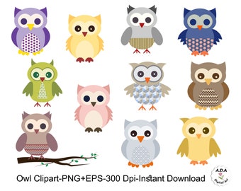 Owl vector clipart, Cute owl clip art, Cute digital owl, Owl graphic, Branch clipart, Instant download, Commercial Use