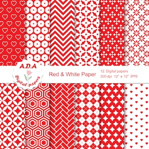 Red and white digital paper pack, red scrapbooking paper, red and white background, printable paper, instant download, commercial use