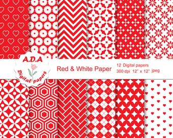 Red and white digital paper pack, red scrapbooking paper, red and white background, printable paper, instant download, commercial use