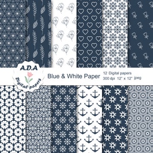 Blue and white digital paper pack, Blue scrapbooking paper, Blue and white background, Printable paper, Instant download, Commercial use
