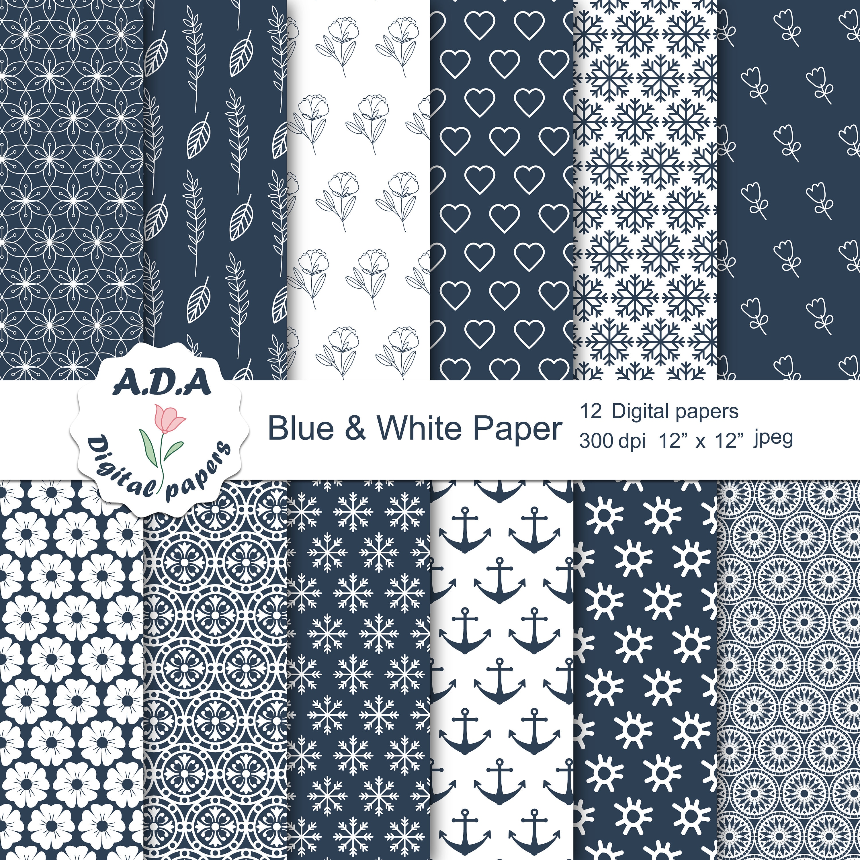 Blue and White Scrapbook Paper, Geometric and Floral Patterns (digital ...