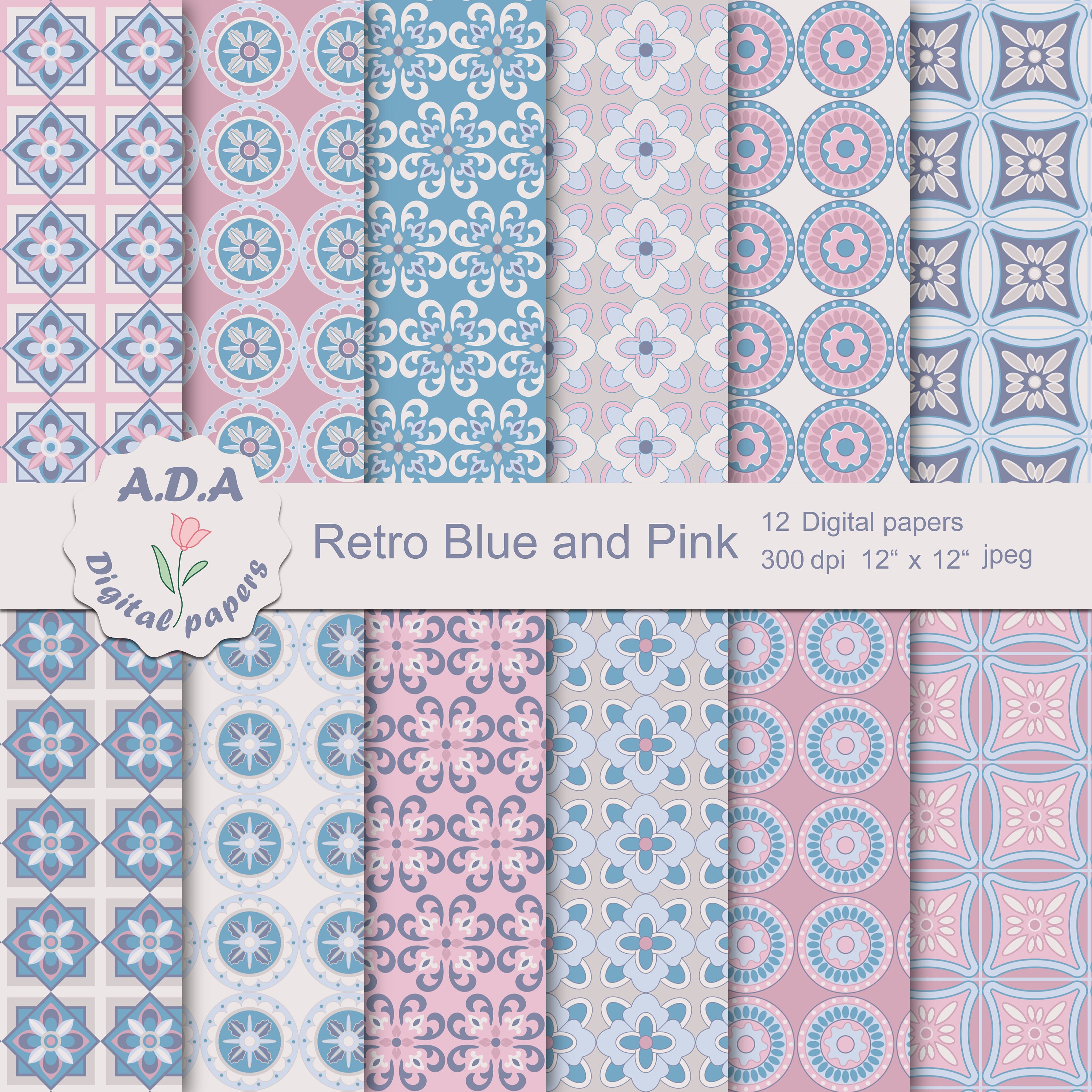 Retro Blue and Pink Digital Paper Pack, Floral Scrapbooking Paper, Blue ...