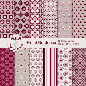 Paquet de papier numérique bordeaux et beige, papier de scrapbooking bordeaux, fond bordeaux, fond floral, utilisation commerciale