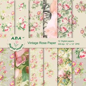 Vintage rose paper, Shabby chic digital paper, Floral background, Floral scrapbook paper, Roses background, Floral pattern, Commercial use