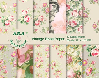 Vintage rose paper, Shabby chic digital paper, Floral background, Floral scrapbook paper, Roses background, Floral pattern, Commercial use