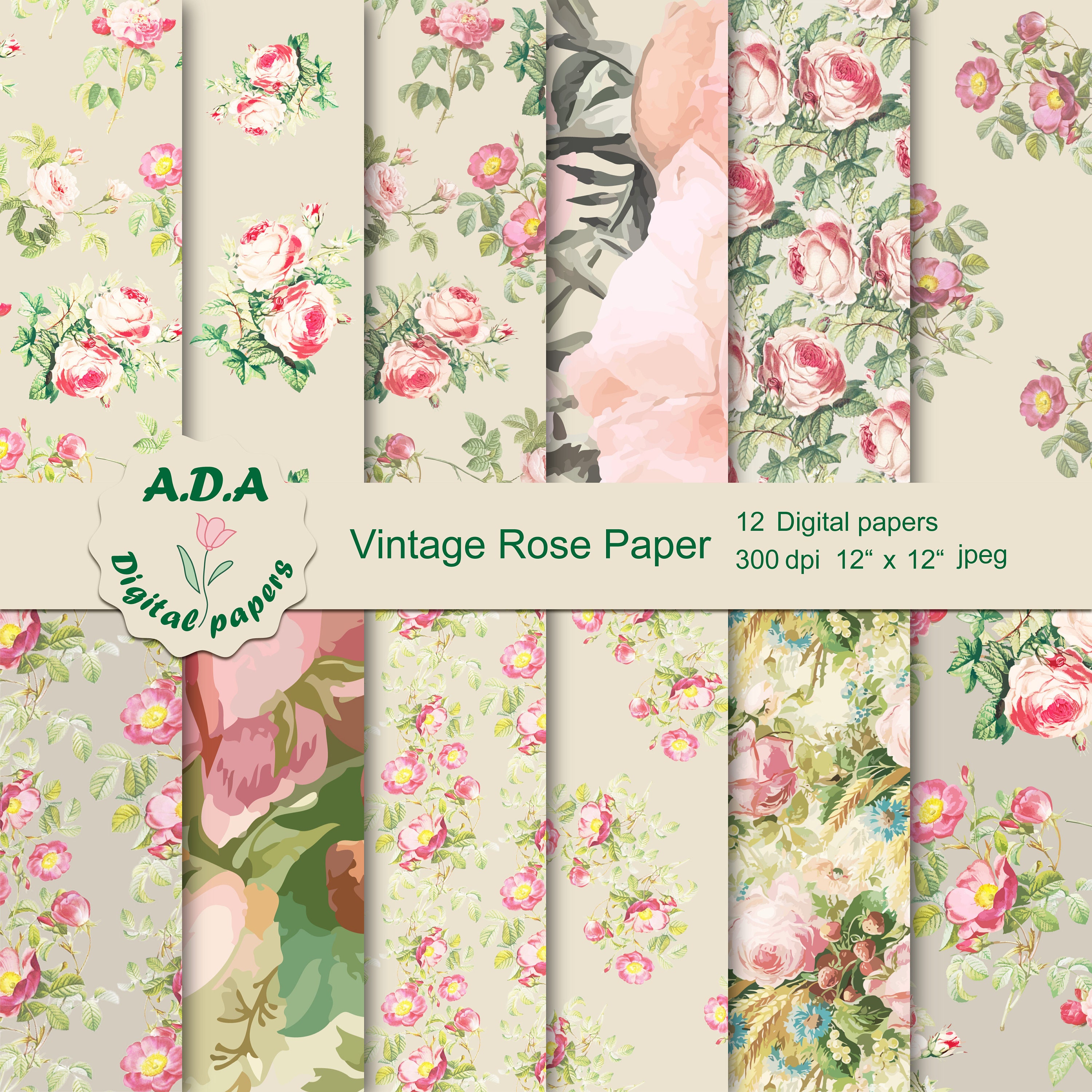 Vintage Shabby Chic Pink Roses Scrapbook Paper PRINTABLE 11x8.5 300 Dpi  Instant Download Floral Paper 