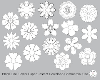 Black line flowers clipart, floral line art clip art, flower clipart, flower stamp, vector eps, commercial use