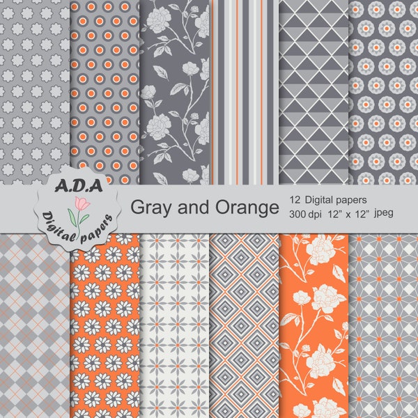 Gray and Orang digital paper pack, Gray scrapbooking paper, Gray and Orange background, Floral background, Instant download, Commercial use