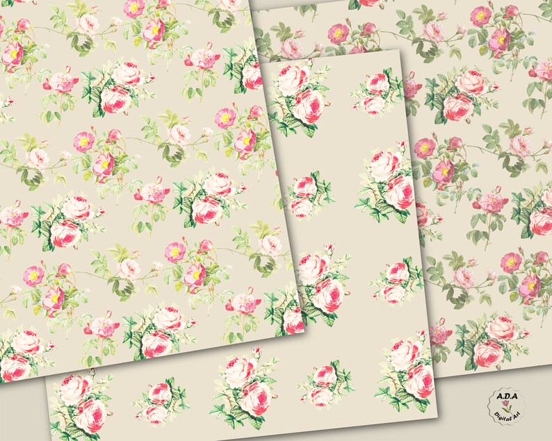 Vintage Rose Paper, Shabby Chic Digital Paper, Floral Background ...