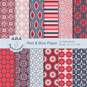 Red and blue digital paper pack, Red and blue scrapbook paper, Red background, Floral pattern, Geometric pattern, Commercial use
