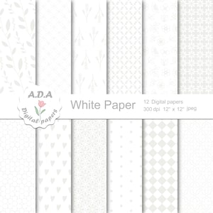Papier numérique blanc, motif floral blanc, motif géométrique blanc, papier de scrapbooking blanc, fond blanc, papier imprimable, usage commercial