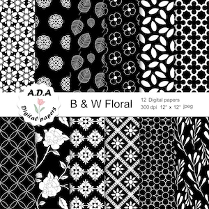 Black and white digital paper pack, Black and white scrapbooking paper, Black and white background, Floral background, Commercial use