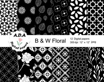 Black and white digital paper pack, Black and white scrapbooking paper, Black and white background, Floral background, Commercial use