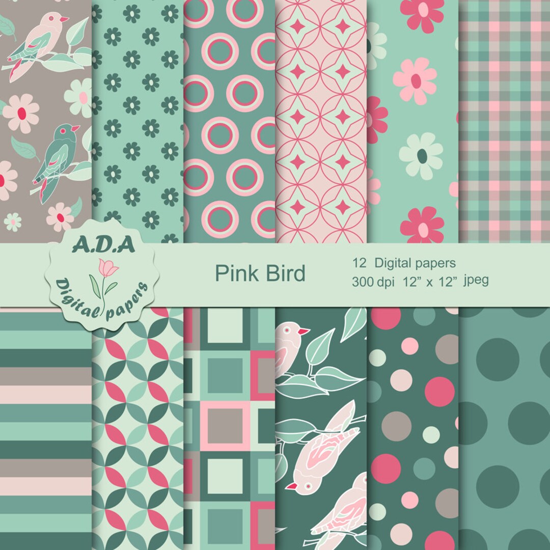 Pink Bird, Green and Pink Digital Paper Pack, Instant Download ...