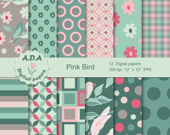 Pink Bird, Green and Pink digital paper pack, Instant download, scrapbook papers,craft paper, printable pattern, commercial use