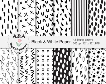 Black and white paper, black and white scrapbooking paper, black and white background, printable paper, instant download, commercial use