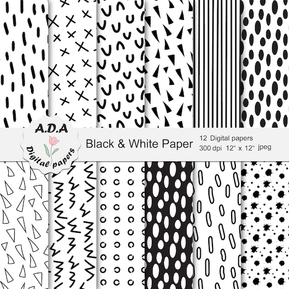 Black and white paper, black and white scrapbooking paper, black and white  background, printable paper, instant download, commercial use