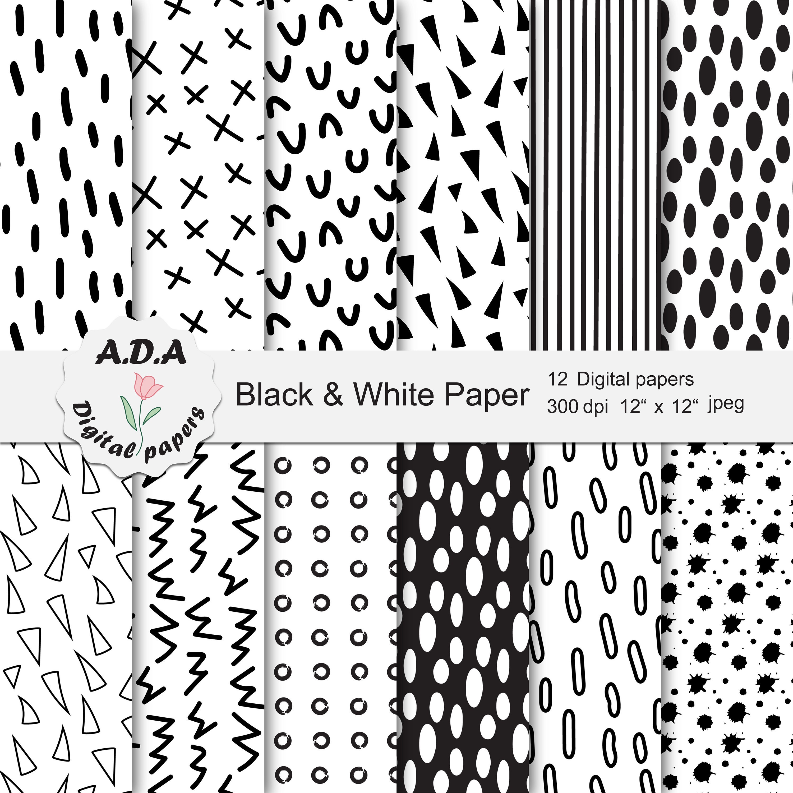 Black and White Scrapbook Paper: Black and white unique patterns scrapbook  paper , 12 Black and white scrapbook paper for scrapbooking, junk journal