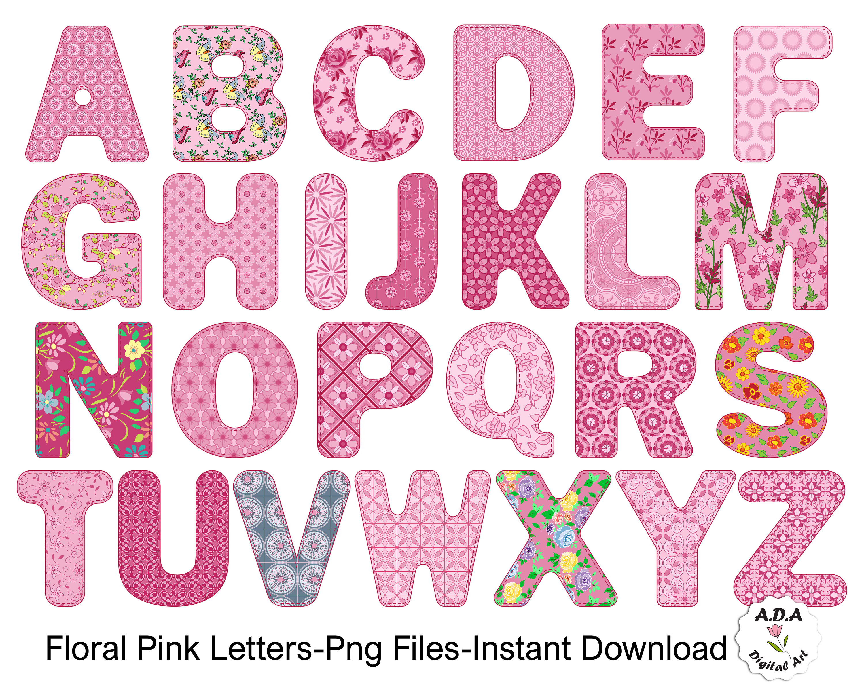 Pink Letter Clipart, Floral Alphabet Letters Clip Art, Floral Pink Letters, Digital Alphabet Clipart, Letters Clipart, Commercial Use