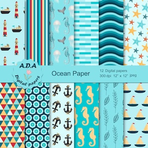 Pack de papier océanique, papier à gratter de mer, fond bleu, bateau, ancre, hippocampe, phare, utilisation commerciale