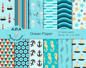Ocean paper pack, Sea scrapbook paper, Blue background, Boat, Anchor, Seahorse, Lighthouse, Commercial use