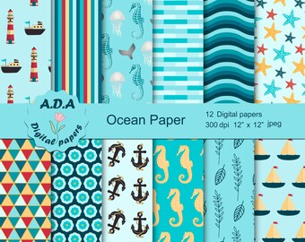 Pacchetto di carta oceanica, Carta da album di mare, Sfondo blu, barca, ancora, cavalluccio marino, faro, uso commerciale