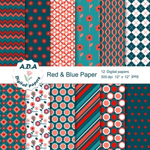 Red and blue digital paper pack, scrapbooking papers, red and blue background ,floral background, instant download, commercial use