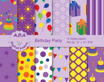Birthday Party digital paper pack, digital download, scrapbook papers, wrapping paper, craft paper, commercial use
