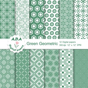 Green digital paper, green geometric pattern, green scrapbook paper, green background, printable paper, instant download, commercial use