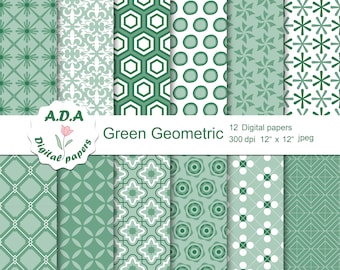 Green digital paper, green geometric pattern, green scrapbook paper, green background, printable paper, instant download, commercial use