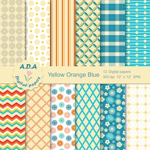 Yellow, Orange and Blue digital paper pack, Orange and Yellow scrapbook paper, Yellow background ,Floral background, Commercial use