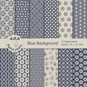 Blue and beige digital paper pack, blue scrapbook paper, blue background ,floral background, commercial use