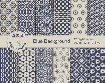 Blue and beige digital paper pack, blue scrapbook paper, blue background ,floral background, commercial use